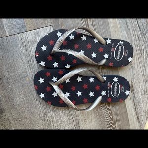 Sandals like new!! Beautiful stars red, white, blue and silver.